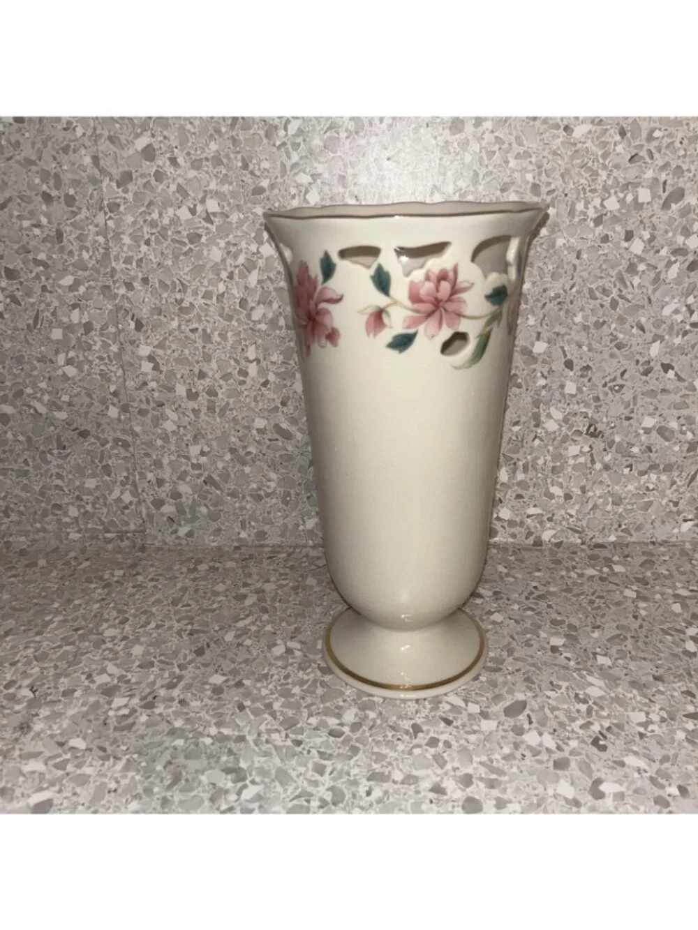 Lenox Barrington Collection Vase Ivory Pink Floral Pierced Lattice Gold Trim